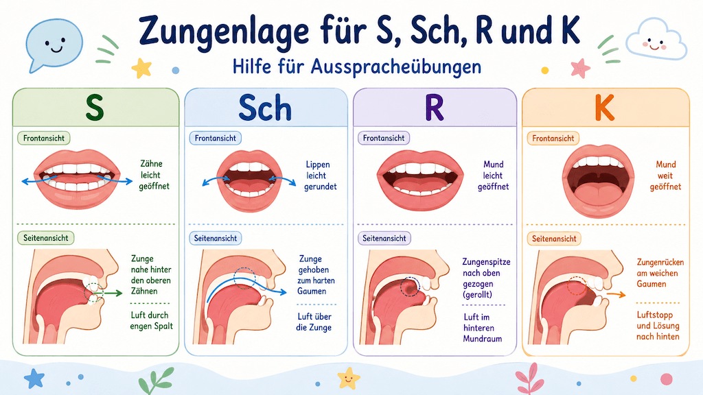 Illustration der Zungenlage für die Laute S, Sch, R und K als Hilfe für Ausspracheübungen (KI-generiert)