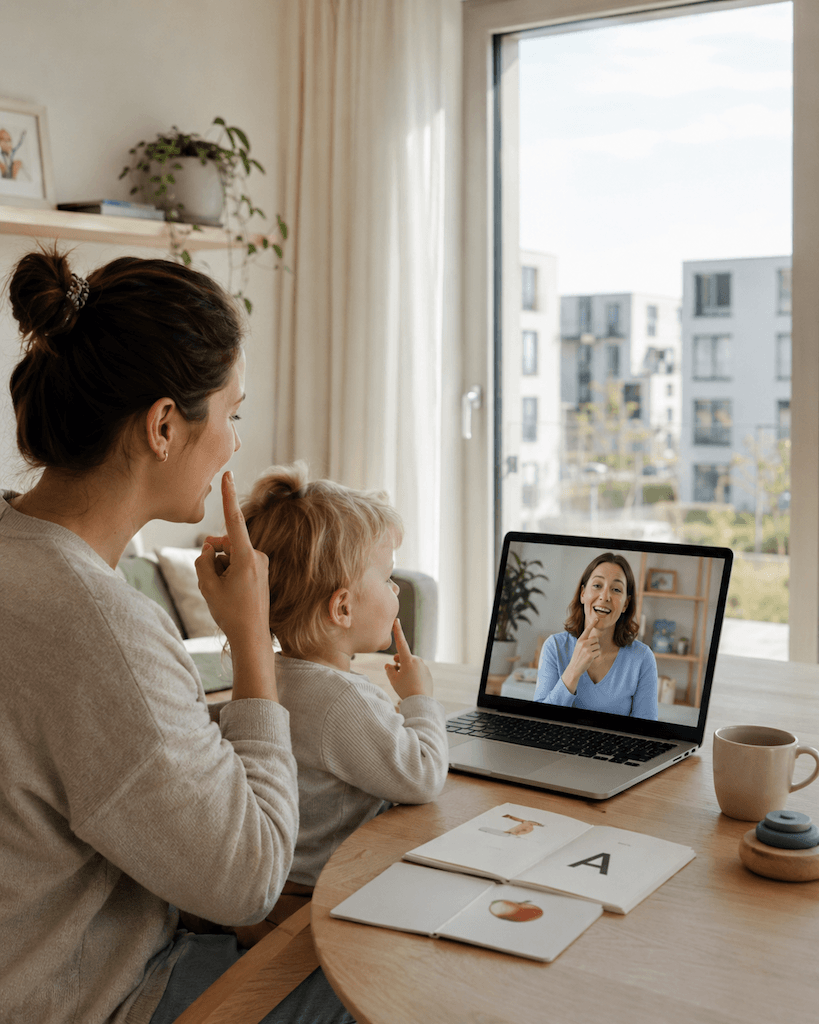 Junge Familie aus Bülach nimmt zu Hause an einer Online-Logopädie teil, per Laptop und Videoverbindung (KI-generiert)