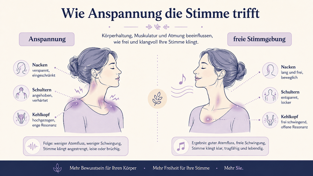 Illustration zeigt, wie Anspannung in Nacken, Schultern und Kehlkopf die freie Stimmgebung beeinträchtigt (KI-generiert)