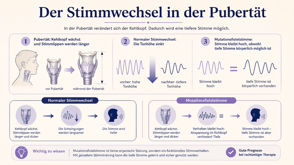 Infografik zeigt den normalen Stimmwechsel in der Pubertät und den Unterschied zur Mutationsfistelstimme, bei der die Stimme hoch bleibt (KI-generiert)