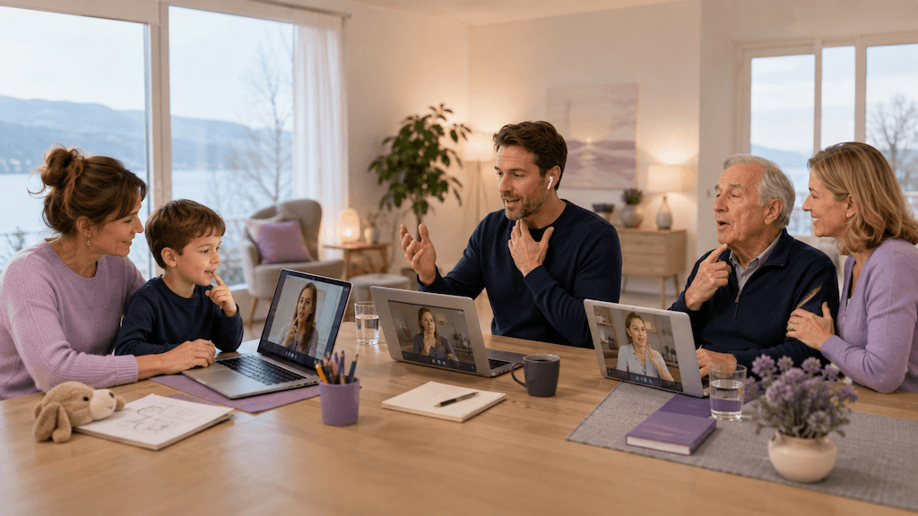 Drei Zielgruppen der Online-Logopädie aus Zug: Kind mit Eltern, erwachsene Person und ältere Person mit Angehörigem (KI-generiert)