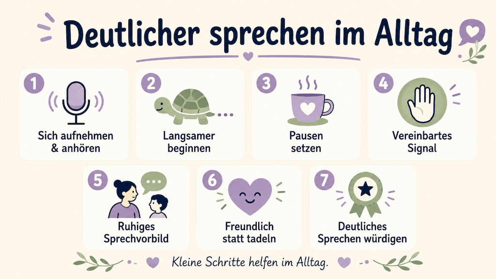 Infografik zeigt Alltagstipps beim Poltern, etwa sich aufnehmen, Pausen setzen und ein ruhiges Sprechvorbild geben (KI-generiert)