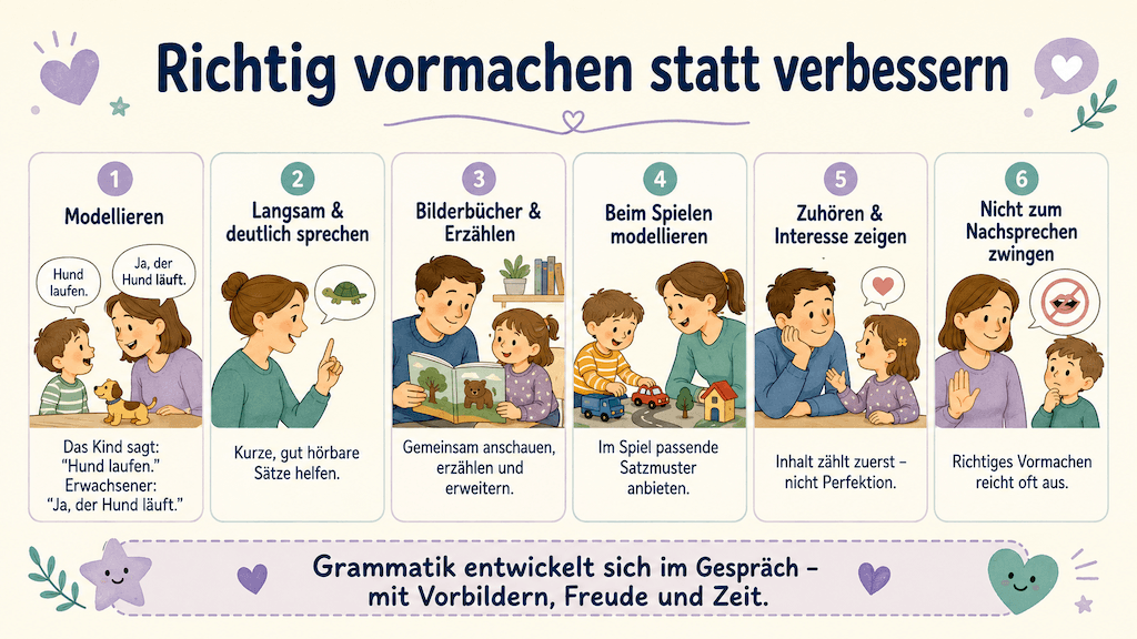 Infografik zeigt, wie Eltern die Grammatik ihres Kindes im Alltag fördern, vor allem durch richtiges Vormachen statt Verbessern (KI-generiert)