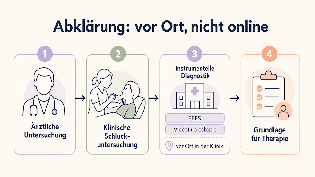 Ablaufgrafik zeigt die Abklärung der Dysphagie von der ärztlichen Untersuchung bis zur instrumentellen Diagnostik vor Ort in der Klinik (KI-generiert)