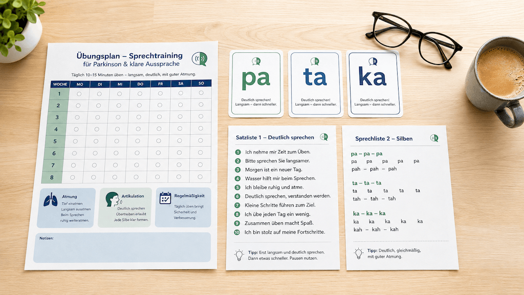 Übungsplan mit Wochenraster, pa-ta-ka-Silbenkarten und Satzlisten für das Sprechtraining bei Parkinson (KI-generiert)