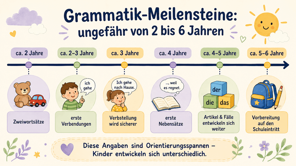 Infografik unterscheidet normale Grammatikfehler von Zeichen, die einen Dysgrammatismus nahelegen (KI-generiert)