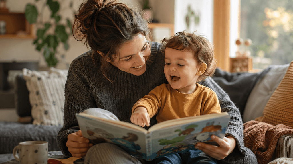 Mutter liest ihrem Kleinkind auf dem Sofa vor, das Kind zeigt begeistert auf eine Buchseite (KI-generiert)