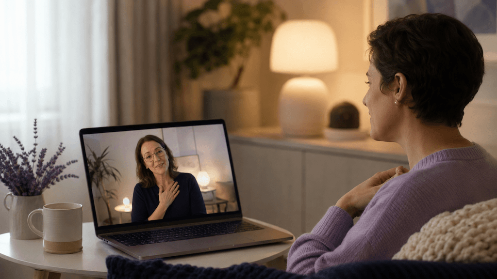 Erwachsene Person nimmt aus der vertrauten, druckarmen Umgebung zu Hause an einer einfühlsamen Online-Stimmtherapie teil (KI-generiert)