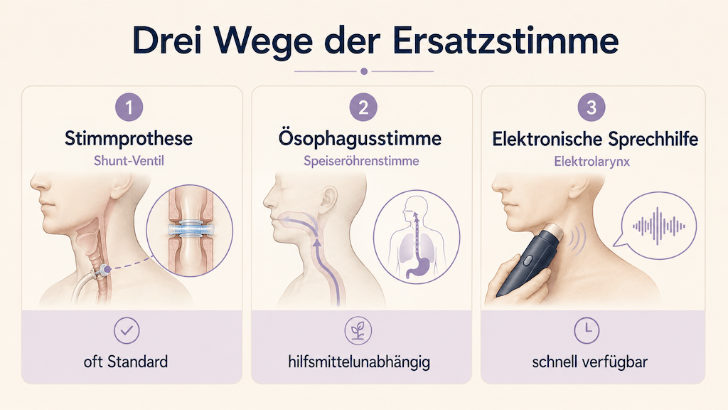 Infografik zeigt die drei Wege der Ersatzstimme nach Laryngektomie: Stimmprothese, Ösophagusstimme und elektronische Sprechhilfe (KI-generiert)