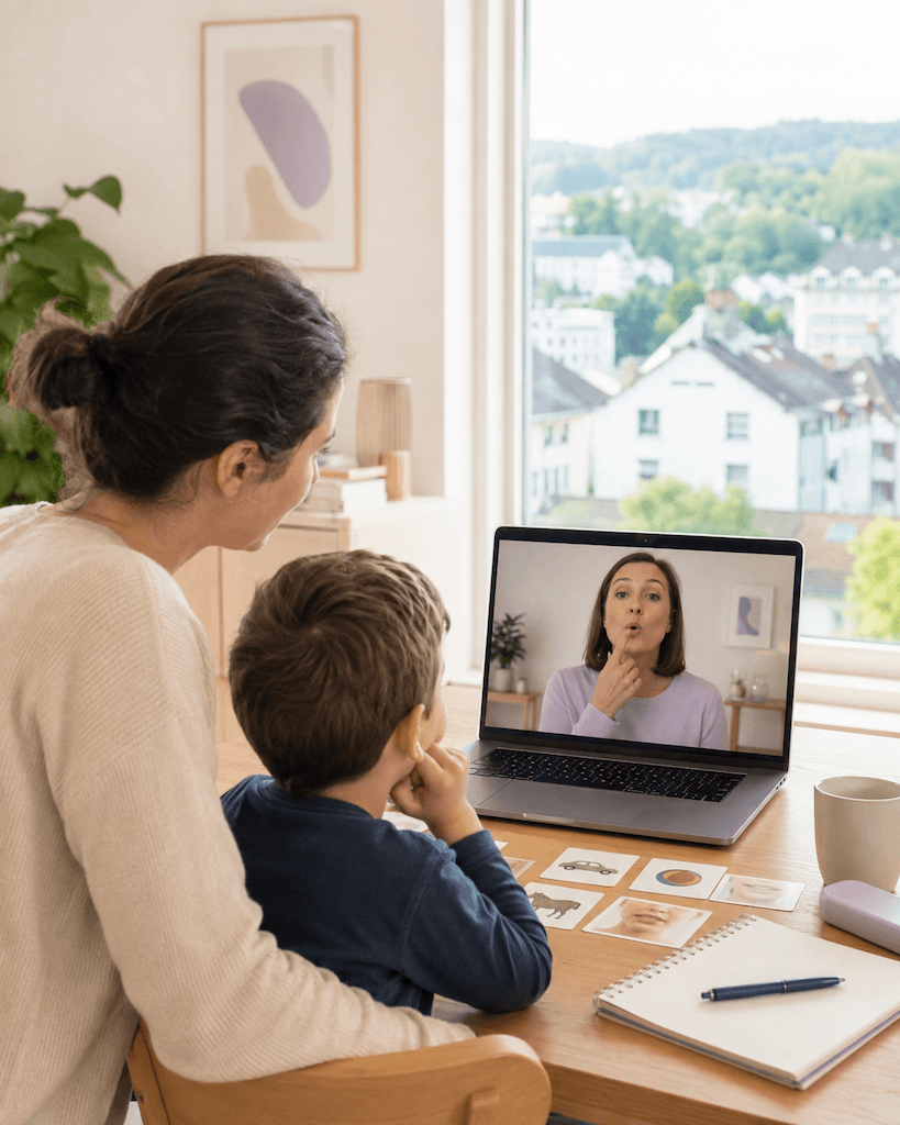 Person aus Aarau nimmt zu Hause per Laptop an einer Online-Logopädie teil, ruhige Arbeitssituation am Fenster (KI-generiert)