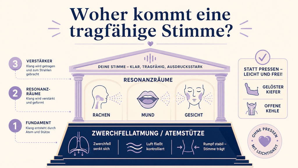 Infografik erklärt, wie Zwerchfellatmung, Atemstütze und Resonanz eine tragfähige Stimme ohne Pressen erzeugen (KI-generiert)