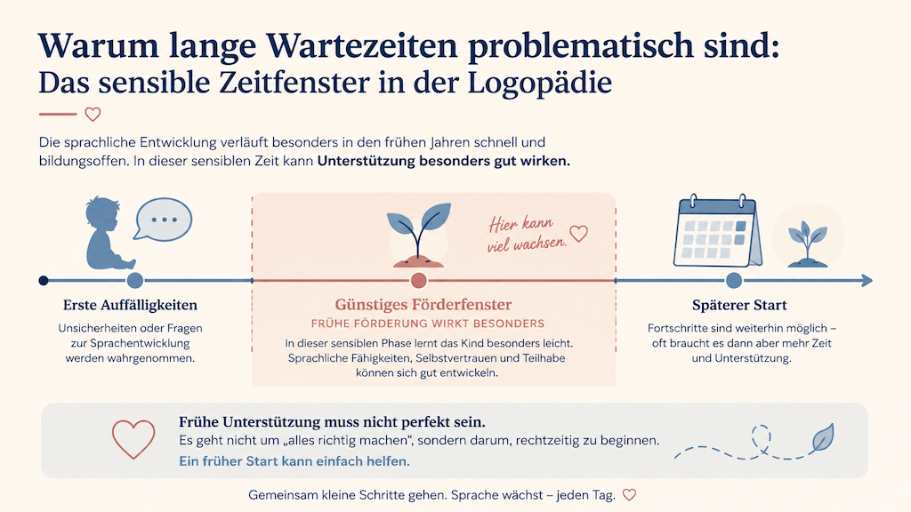 Grafik veranschaulicht das sensible Zeitfenster, in dem frühe logopädische Förderung besonders wirkt (KI-generiert)