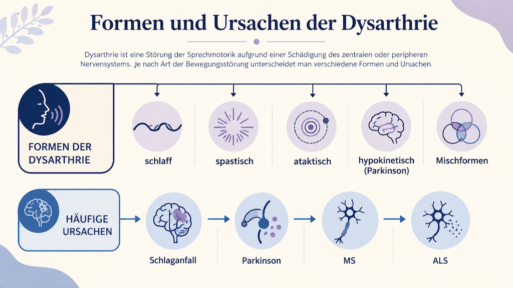Übersichtsgrafik der Formen und Ursachen der Dysarthrie von Schlaganfall bis Parkinson (KI-generiert)