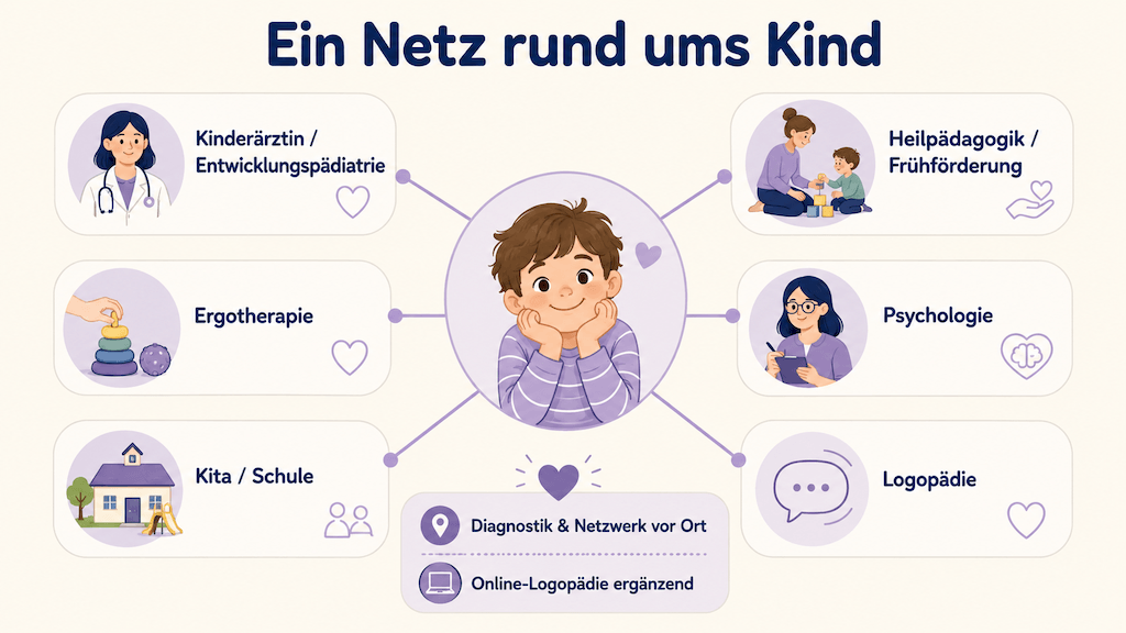 Infografik zeigt das interdisziplinäre Netz rund um ein Kind mit Grunderkrankung, in das sich die ergänzende Online-Logopädie einfügt (KI-generiert)