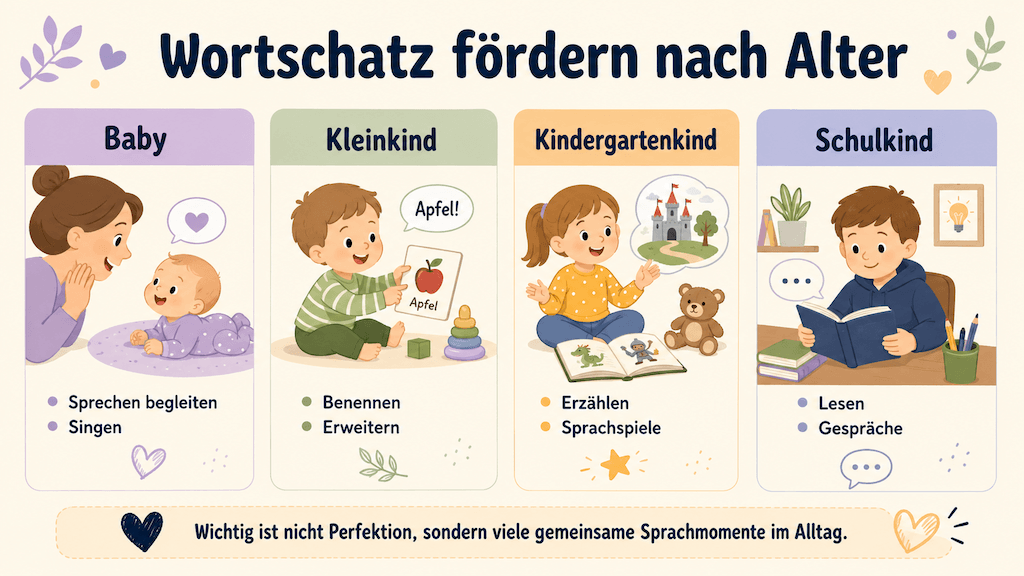 Infografik zeigt, wann ein kleiner Wortschatz eine Abklärung nahelegt, etwa bei Stagnation oder häufigem Wortsuchen (KI-generiert)
