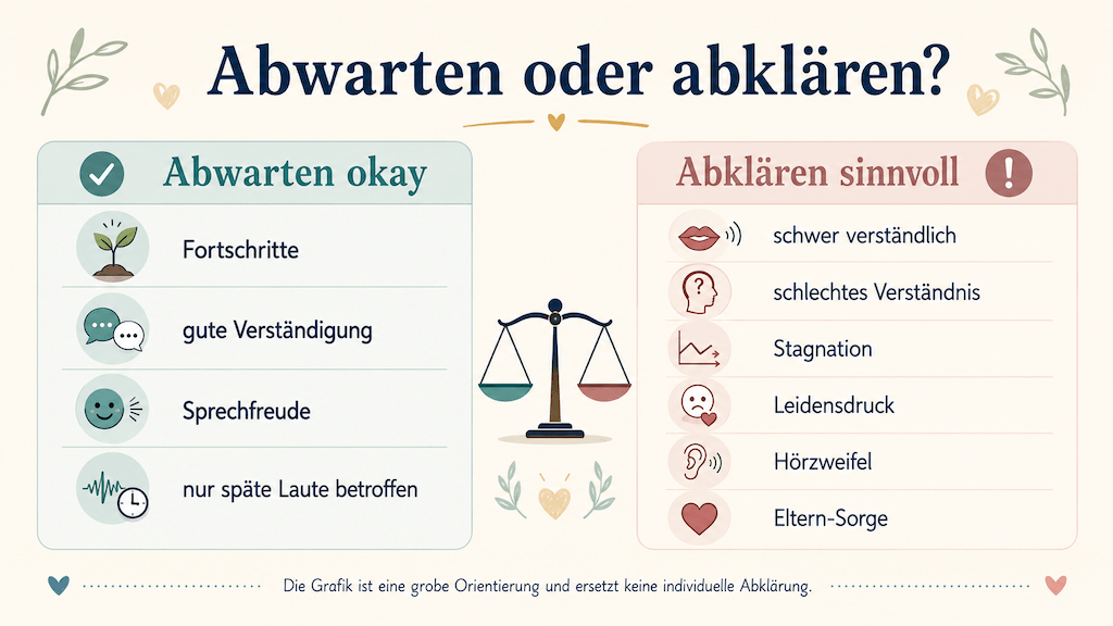 Infografik gegenüber: wann Abwarten bei der Sprachentwicklung okay ist und wann eine Abklärung sinnvoll ist (KI-generiert)