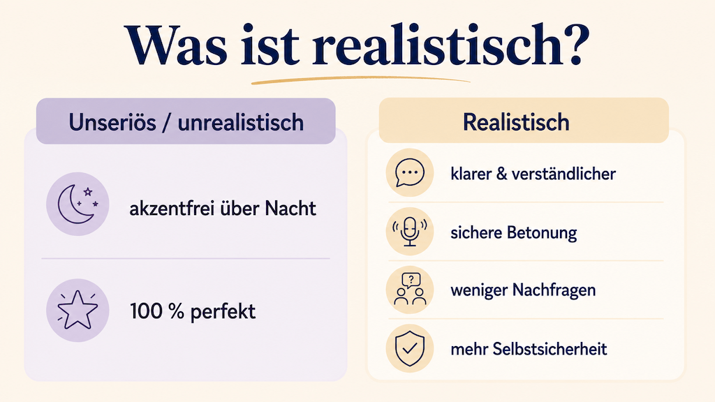 Infografik zeigt realistische Ziele eines Aussprachetrainings statt unseriöser Versprechen (KI-generiert)