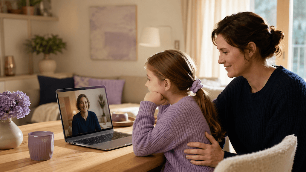 Kind nimmt aus der sicheren, vertrauten Umgebung zu Hause an einer einfühlsamen Online-Begleitung teil, ein Elternteil ist dabei (KI-generiert)