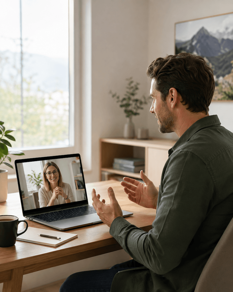 Erwachsene Person arbeitet in einer Online-Logopädie selbstbewusst an ihrem Redefluss, die Logopädin ist im Videobild zu sehen (KI-generiert)
