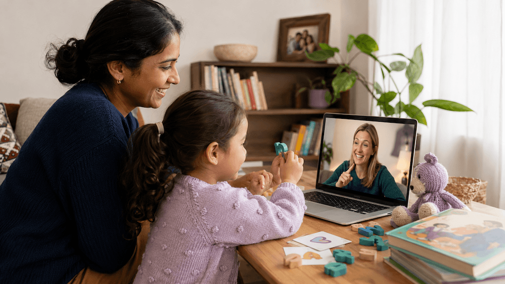 Mehrsprachiges Kind übt zu Hause am Bildschirm spielerisch Deutsch, während die Familiensprache wertgeschätzt wird (KI-generiert)