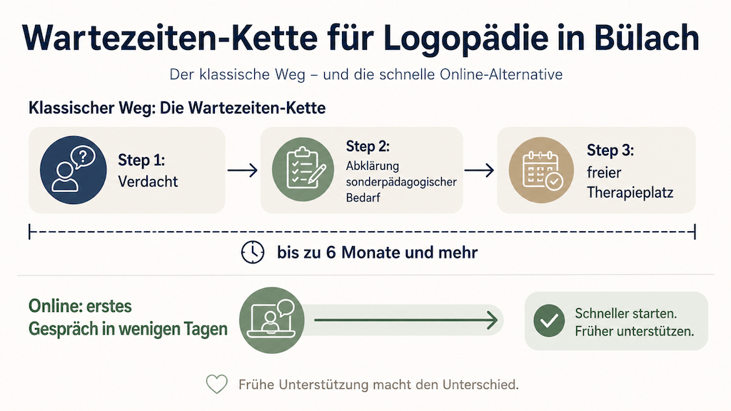 Infografik zur Wartezeit-Kette für Logopädie in Bülach und im Kanton Zürich im Vergleich zum sofortigen Online-Start (KI-generiert)