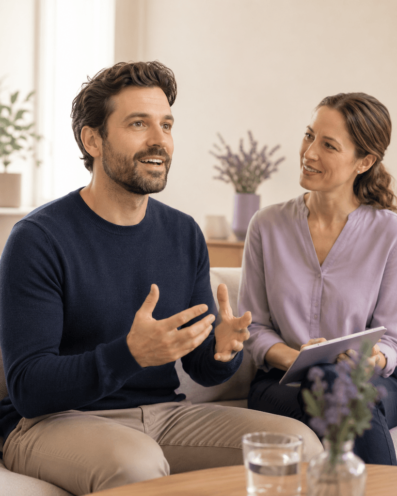 Person übt in einer entspannten, positiven Situation das deutliche Sprechen und wird dabei begleitet (KI-generiert)