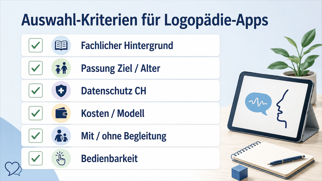 Didaktische Checkliste der sechs Auswahl-Kriterien für Logopädie-Apps (KI-generiert)