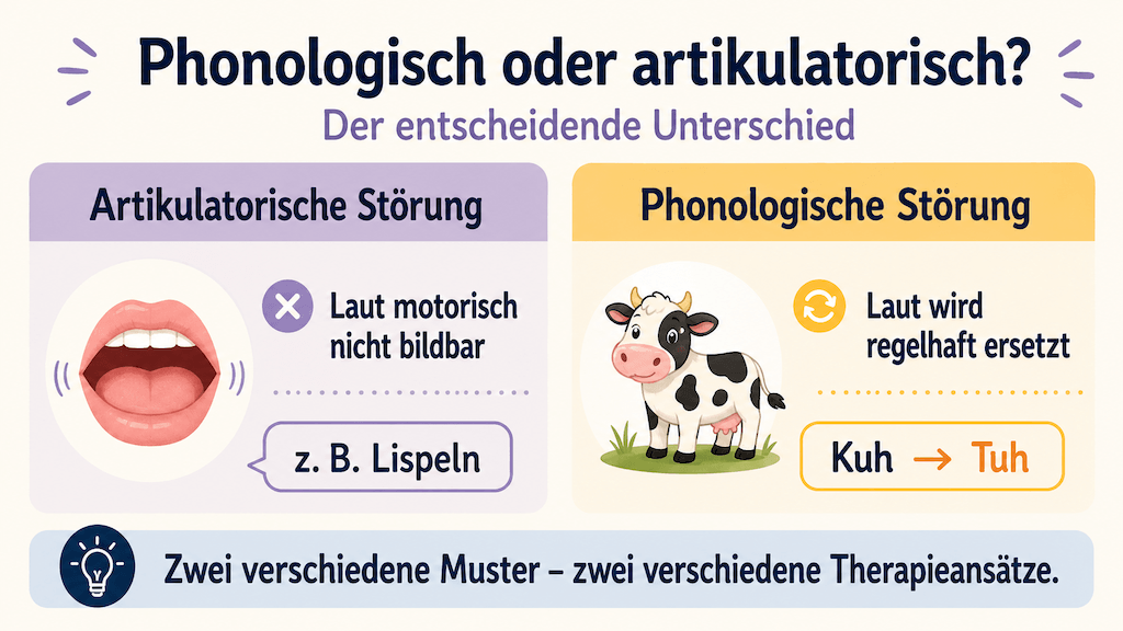 Vergleichsgrafik zwischen artikulatorischer und phonologischer Aussprachestörung beim Kind (KI-generiert)
