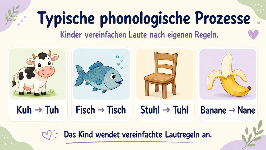 Infografik mit Bildbeispielen typischer phonologischer Prozesse wie Kuh zu Tuh und Fisch zu Tisch (KI-generiert)