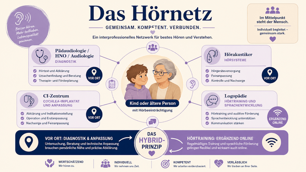 Infografik zeigt das interdisziplinäre Hörnetz mit Diagnostik und Geräteanpassung vor Ort und ergänzendem Hörtraining online (KI-generiert)
