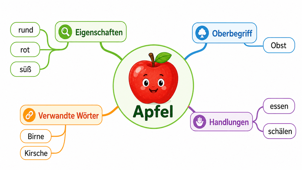 Wortfeld-Mindmap rund um das Wort Apfel als Hilfe für Wortschatzübungen mit Kindern (KI-generiert)