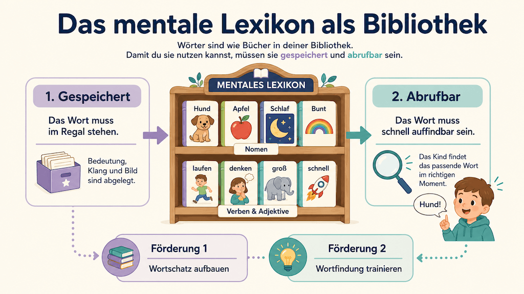 Infografik veranschaulicht das mentale Lexikon als Bibliothek, in der ein Wort gespeichert und abrufbar sein muss (KI-generiert)