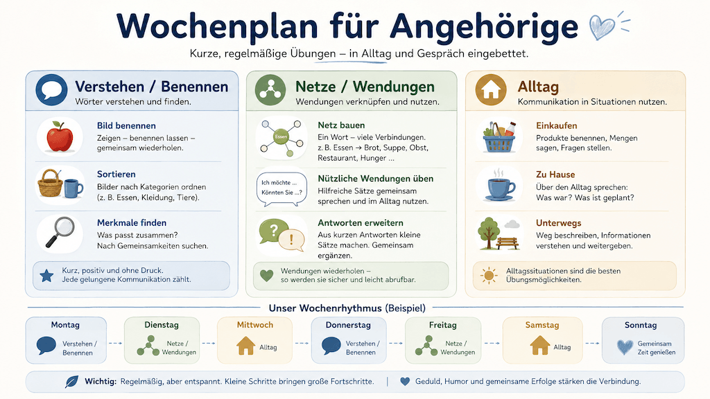 Aphasie-Übungsblätter und Kommunikationskarten zum Ausdrucken für das Üben zu Hause (KI-generiert)