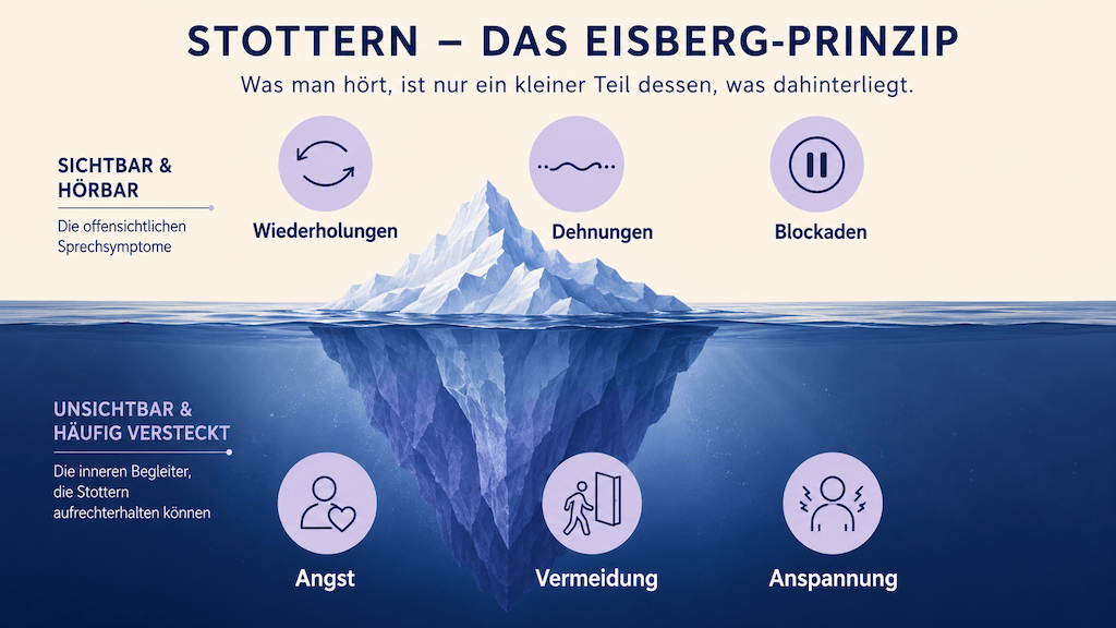 Infografik zeigt Stottern als Eisberg mit sichtbaren Kernsymptomen und verdeckter Ebene aus Angst und Vermeidung (KI-generiert)