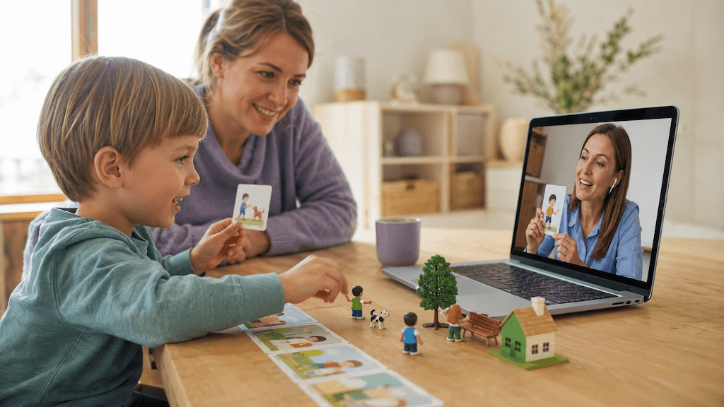 Kind übt zu Hause am Bildschirm spielerisch den Satzbau, die Logopädin modelliert die richtige Grammatik per Video (KI-generiert)