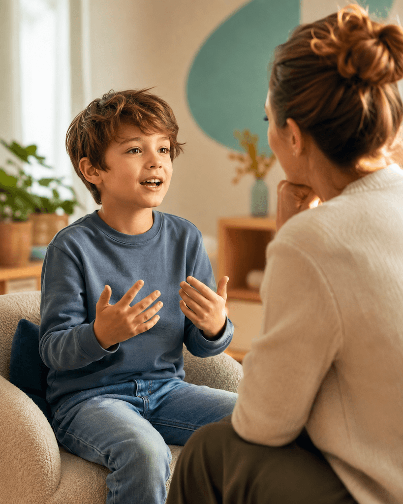 Person spricht in einer entspannten, positiven Situation und wird beim deutlichen Sprechen begleitet (KI-generiert)