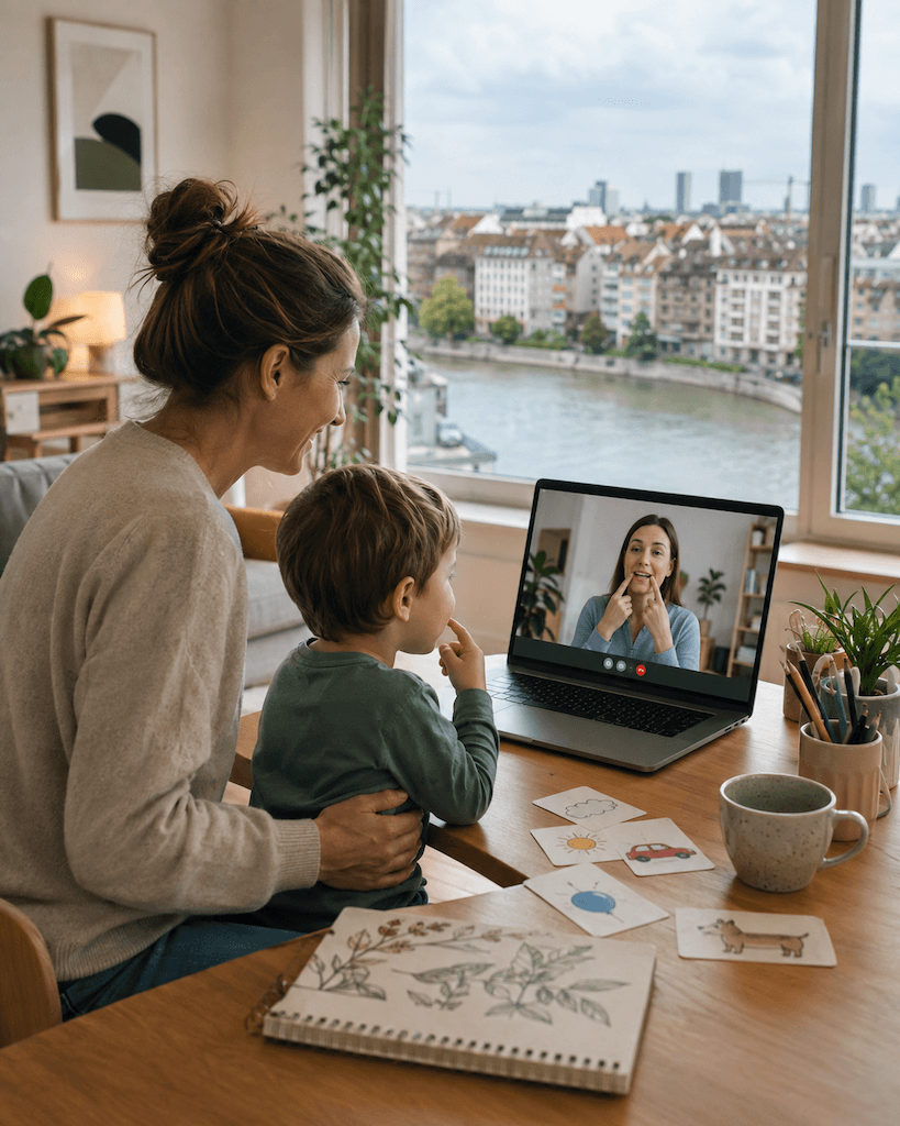 Person aus Basel nimmt zu Hause an einer Online-Logopädie teil, per Laptop und Videoverbindung (KI-generiert)