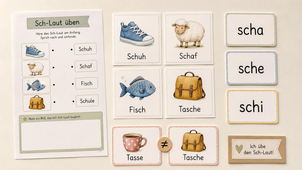 Sch-Laut-Übungsblätter mit Bildkarten, Silbenkarten und Minimalpaaren zum Ausdrucken (KI-generiert)