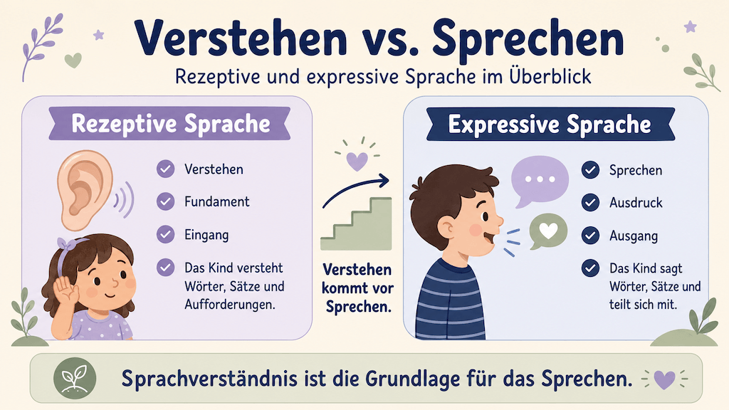 Infografik zeigt den Unterschied zwischen Sprachverständnis (rezeptiv) und Sprechen (expressiv), Verstehen kommt vor Sprechen (KI-generiert)