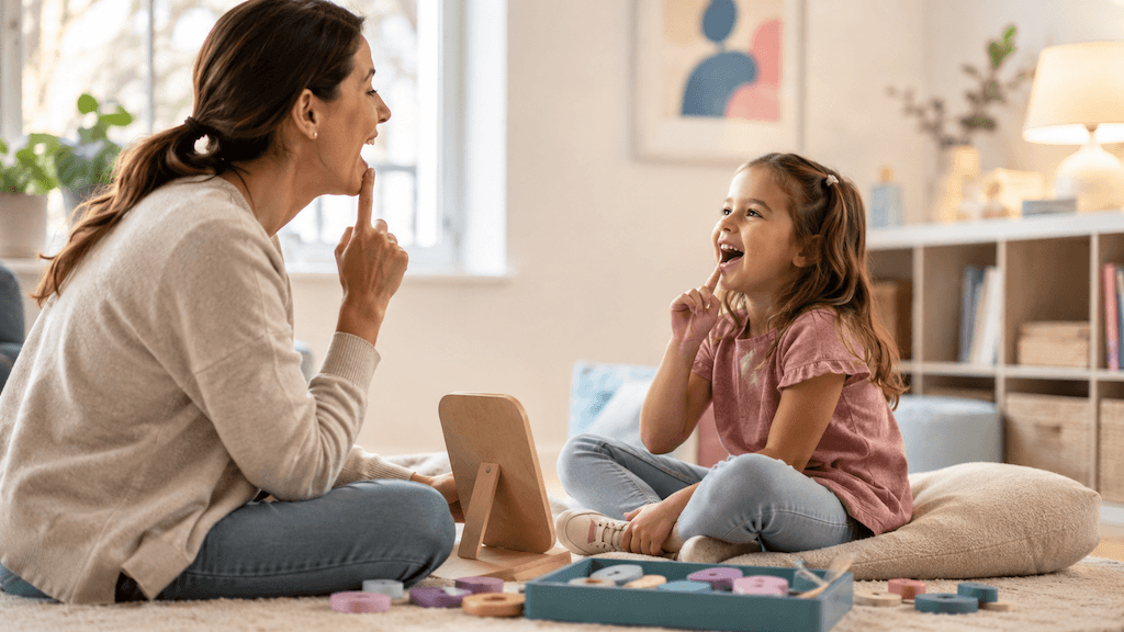 Kind hat Freude an einer spielerischen Logopädie-Übung, motivierend begleitet (KI-generiert)