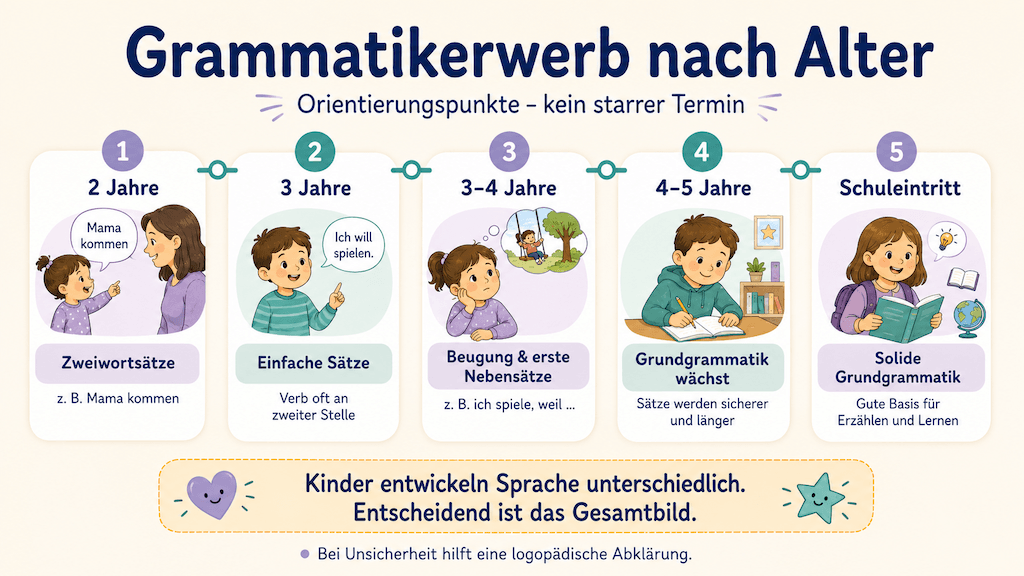 Meilenstein-Grafik zeigt den normalen Grammatikerwerb vom Zweiwortsatz mit zwei Jahren bis zur soliden Grundgrammatik zum Schuleintritt (KI-generiert)