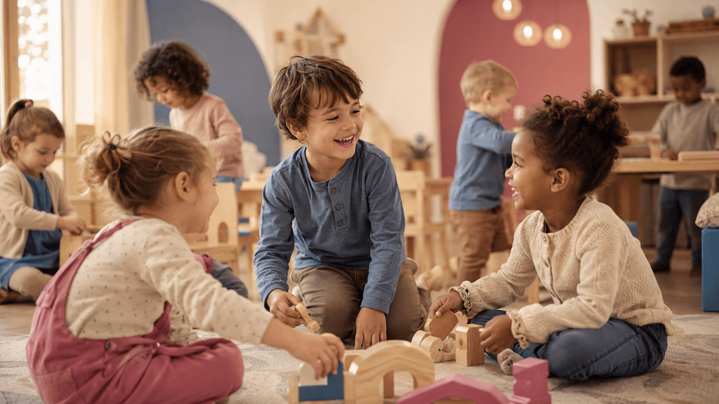 Ein Kind spielt unbeschwert und gleichberechtigt mit anderen Kindern im Kindergarten (KI-generiert)