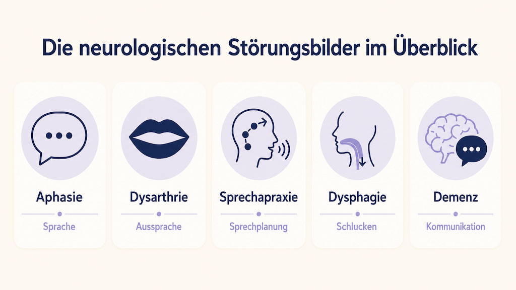 Übersichtsgrafik der neurologischen Störungsbilder von Aphasie bis Dysphagie in der Logopädie (KI-generiert)