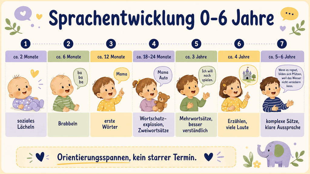 Meilenstein-Tabelle der Sprachentwicklung von 0 bis 6 Jahren mit ungefähren Altersspannen für Brabbeln, erste Wörter, Zweiwortsätze und komplexe Sätze (KI-generiert)