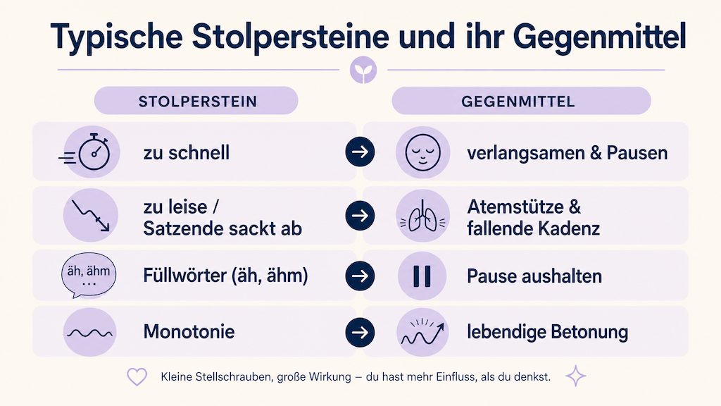Infografik zeigt typische Sprechfehler wie zu schnelles oder zu leises Sprechen und Füllwörter mit ihren Gegenmitteln (KI-generiert)
