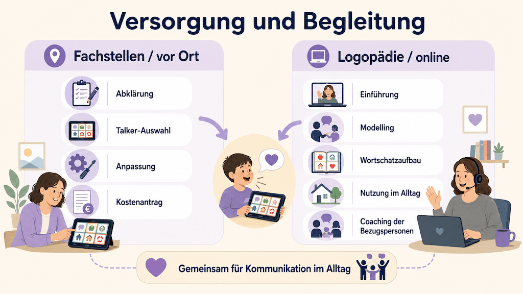 Mensch nutzt zu Hause unterstützte Kommunikation in einer Online-Begleitung, die Logopädin modelliert über Video und eine Bezugsperson ist eng dabei (KI-generiert)