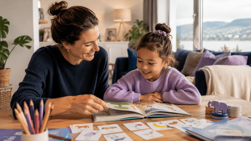 Mehrsprachiges Kind aus Zug fördert die Sprache gemeinsam mit einem Elternteil zu Hause beim Bilderbuch (KI-generiert)