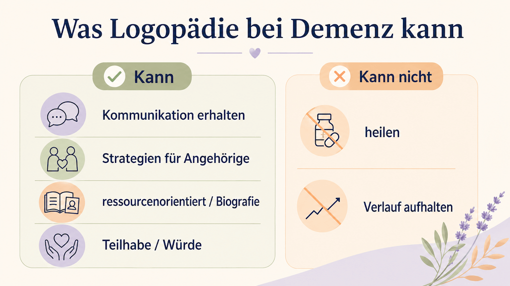 Infografik zeigt, was Logopädie bei Demenz leisten kann wie Kommunikation erhalten und Angehörige stärken, und was sie nicht kann wie heilen (KI-generiert)