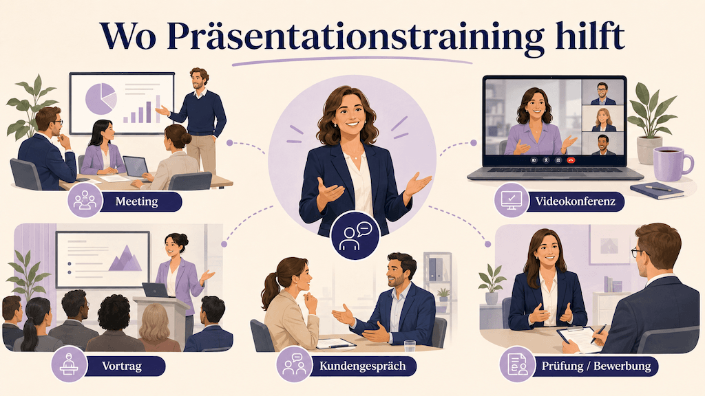 Illustration verschiedener Sprechsituationen vom Meeting über die Videokonferenz bis zum Vortrag, in denen Präsentationstraining hilft (KI-generiert)