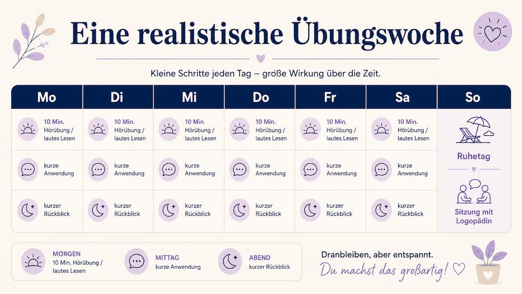 Infografik einer realistischen Übungswoche mit kurzen täglichen Einheiten und einer wöchentlichen Sitzung (KI-generiert)